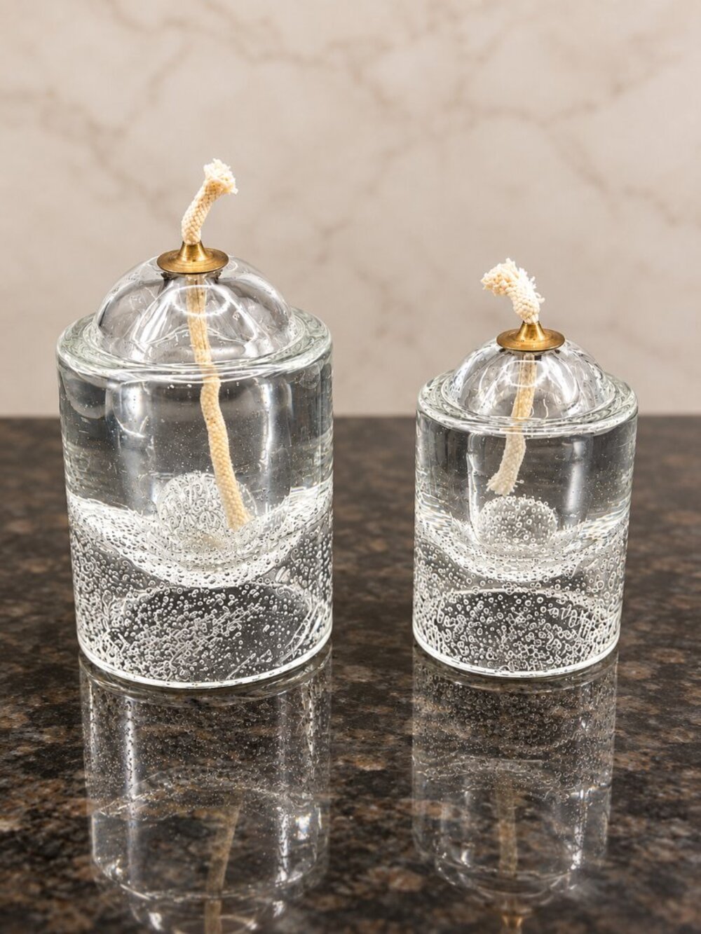 VTG Unique Bullicante Elegant Art Glass Oil Lamp Set Clear Bubble Glass Pair